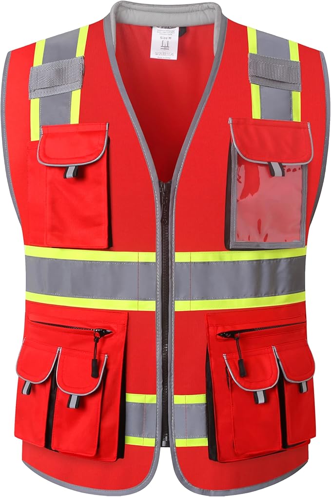 JKSafety 10 Pockets Hi-Vis Zipper Front Fluorescent Red Safety Vest | Cushioned Collar | High Reflective Tapes with Extended Neon Yellow Strips | Meets ANSI/ISEA Standards (3X-Large, 89-Red)