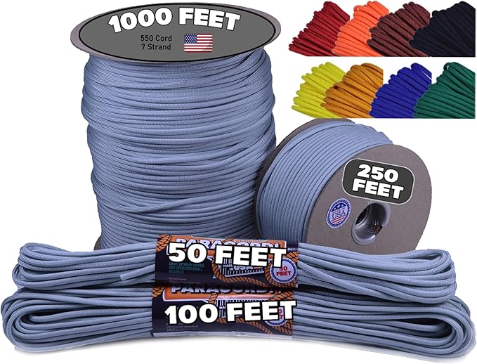 BORED? PARACORD! 550 lb Paracord - Ideal for Crafting, Camping, DIY Projects, Active & Military Outdoors - Strong Survival Rope - Tactical Parachute Cord Type III - Silver 50 Feet