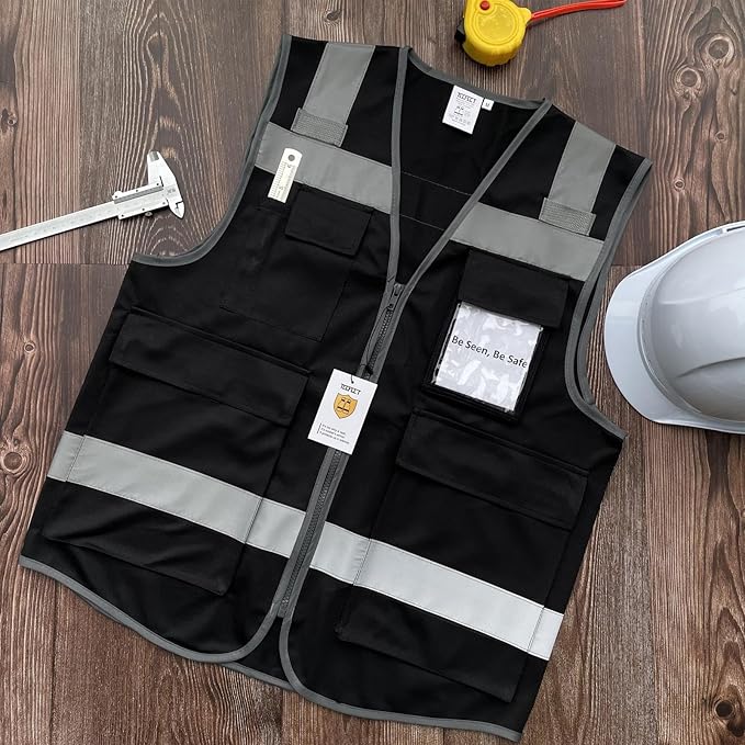 TCCFCCT Reflective Safety Vest 5 Pockets High Visibility Safety Vest for Men Women, Work Vest with Horizontal Strip for Walkie-talkie, Durable and Fashion, Meets ANSI/ISEA Standards, Black, L