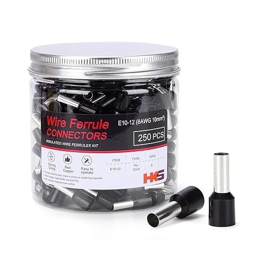 HKS 250PCS Wire Ferrule Connectors - AWG 8-10.0mm² Copper Barrel Pin Cord Ends Insulated Ferrules Terminals - E10-12 Black
