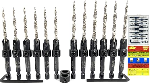 FTG USA Countersink Drill Bit Set for Wood with Tapered Drill Bit 6 Pc #8 (11/64"), 6 Pc #10 (3/16")