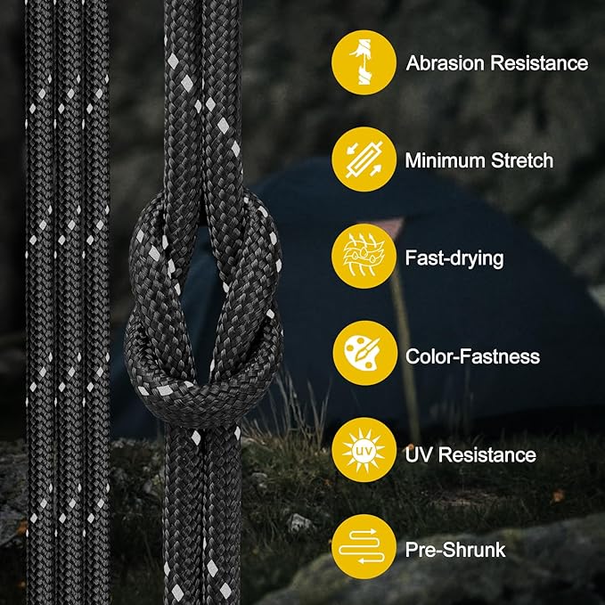 Reflective Paracord Rope 850Ib, 50/100/200/500/1000ft 4MM 11 Strand para Cords Lanyard Utility Parachute Cord for Tent Camping Hiking Tactical Clothesline Survival DIY Projects, Black 500FT