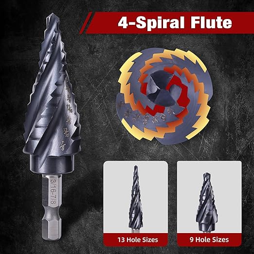 Four Spiral Flute Cobalt Step Drill Bit, 3pcs(1/4"-7/8") M35 Cobalt Step Drill Bit Wear-Resistant AlTiN Coated, 1/4" Hex Shank Hole Drill in Stainless Steel, Copper, Aluminum, Wood, Plastic