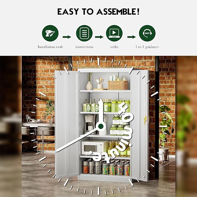 Greenvelly Metal Garage Storage Cabinet with 2 Doors & Adjustable Shelves, 72" Lockable Steel Tool Cabinet - White - (36" W x 18" D)