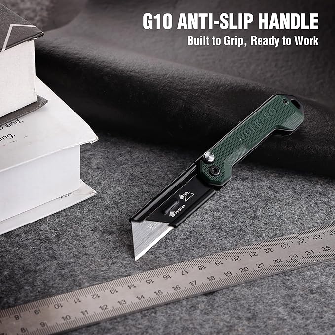WORKPRO 3-Pack Folding Utility Knife, Compact EDC Box Cutter with G10 Handle, Axis Lock & Belt Clip, Quick Change Blade Razor Knife for Cardboard, Plastic, Cartons, Leather & Rope