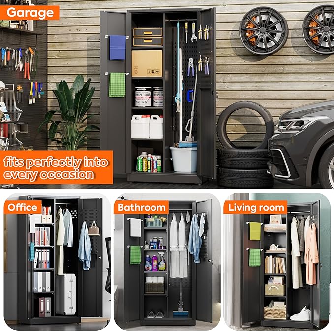 Aobabo Metal Cleaning Tool Storage Cabinet with Lockable Door, 13 Hooks and Towel Racks, Broom Closet Storage Cabinet for Janitorial Supplies, 61.61" H×27.55" W×13.77" D, Assembly Required, Black