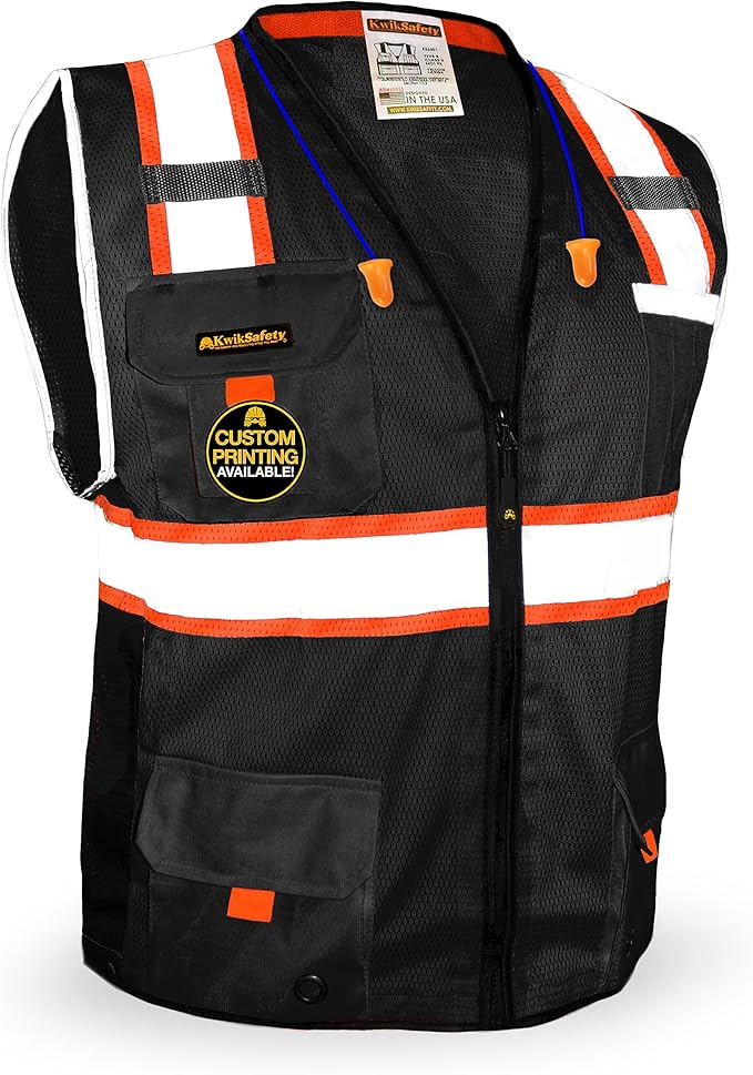 KwikSafety - Charlotte, NC - UNDERBOSS Safety Vest [11 POCKETS] Premium ANSI Class Unrated High Visibility Vest Construction Surveyor Reflective Vest Industrial Work Safety Vest for Men/Black Small