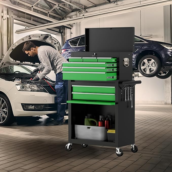 8-Drawer Rolling Tool Chest with Wheels, 2-in-1 Detachable Tool Box with Drawers and Large Cabinet, Rolling Tool Chest Storage Cabinet with Lockable for Warehouse, Garage, Workshop (BlackGreen)