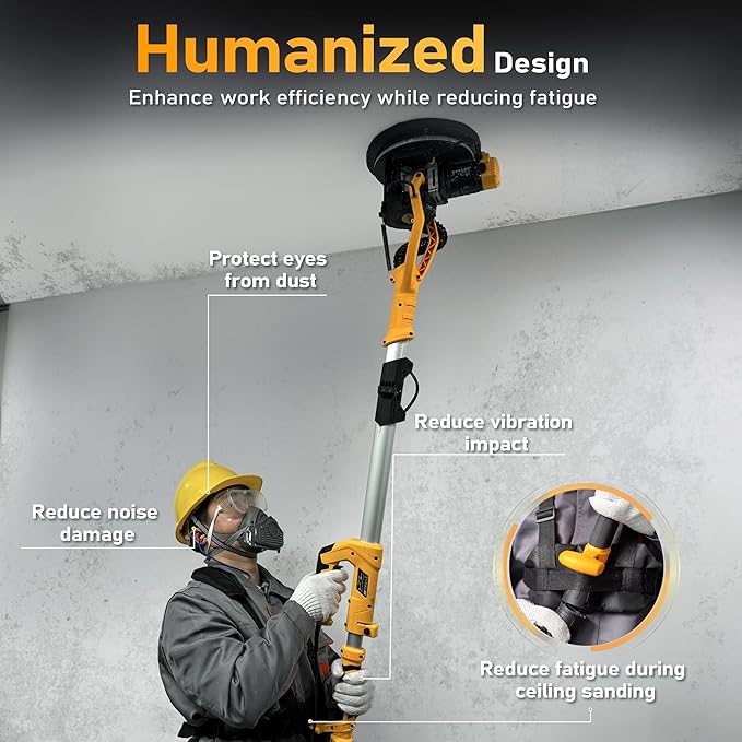 Drywall Sander, 880W 7.33A Electric Drywall Sander with Vacuum Dust Collector, 5 Variable Speed 1000-2100RPM, LED Light, Foldable & Extendable Handle, 12 Sanding Discs