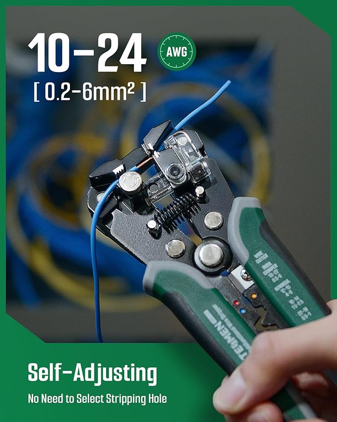 TESMEN TWS-322 Self Adjusting Wire Stripper with Non-Contact Voltage Detection, 4-in-1 Automatic Wire Stripper Tool, Universal Cutters and Crimping Tool, for 10-24 AWG Electrical Cable