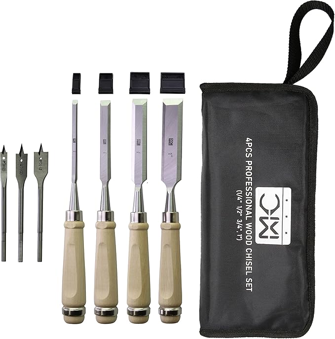 Woodworking 4 PC Wood Chisel Set Chrome-Vanadium Steel with Hornbeam Handles for Carpentry, Woodworking, Carving, Craftsman, 1/4 inch,1/2 inch,3/4 inch, 1 inch