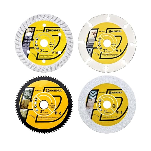 HIGHDRIL 3" 75mm Circular Saw Blade Set 4pcs - Diamond/HSS/Carbide Cutting Disc for Angle Grinder Cutting Soft Metal Copper Aluminum Granite Tile Marble Granite Plastic Wood Glass