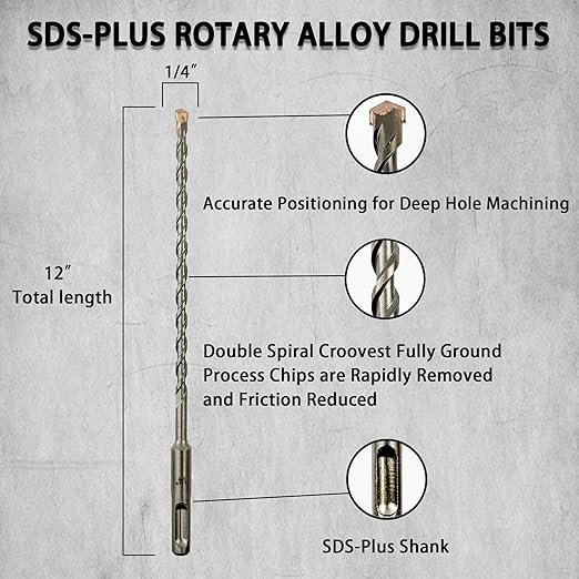 Direko 5-Piece 1/4 inch x 12 Inch SDS Plus Rotary Hammer Drill Bits Carbide Tipped Concert Drill Bits for Concrete, Brick, Cement Walls, Stone, Hammer Drill Bits for Concrete
