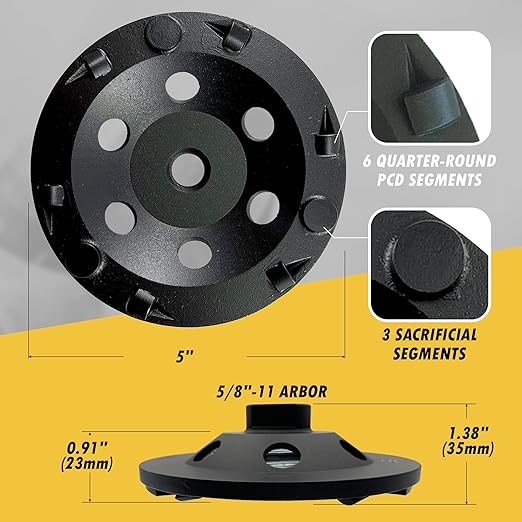EDiamondTools 5" PCD Grinding Wheel, 6 PCD Segments w/Sacrificial Bars, 5/8"-11 Threaded Arbor, Diamond Material, Compatible with Angle Grinders