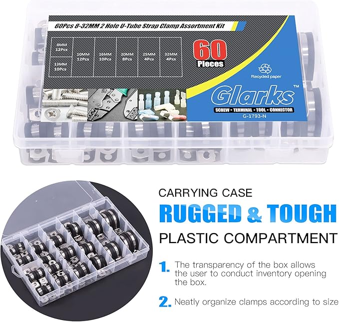 Glarks 60Pcs 8-32MM 2 Hole U-Tube Strap Clamp Set - 304 Stainless Steel With Rubber Cushion for Rigid Pipe Fixing - U Bracket Assortment Kit (8-32mm)