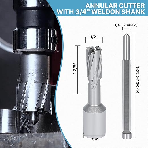 KEENTECH Carbide-Tipped Annular Cutter, 1/2" Diameter x 1-3/8" Depth, 3/4" Weldon Shank (2 Flat), High Speed Cutting TCT Mag Drill Bit with Pilot Pin for Harder Material, Stainless Steel, Cast Iron