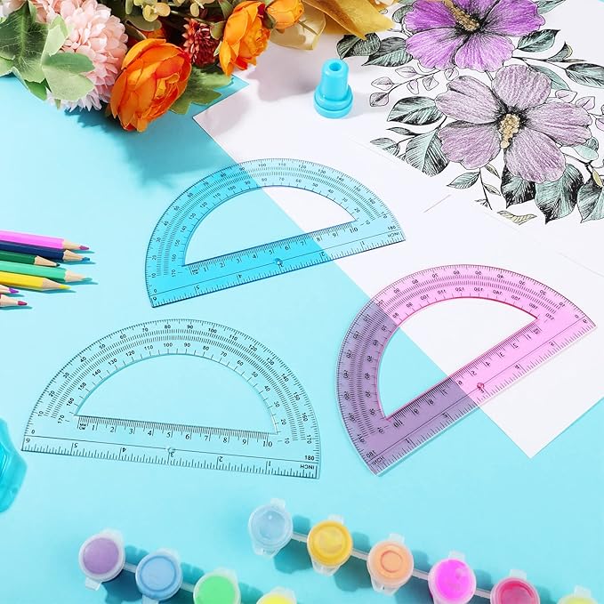 Zonon 3 Pack 6 Inch Plastic Protractor Back to School Protractors 180 Degrees Pink Blue Clear Protractors for Classroom Math Teacher Student Office Supplies