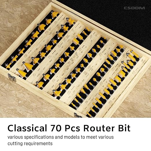CSOOM 70PCS Router Bits Set - 1/4” Shank, Carbide Tipped Router Bits for Professional Woodworking, Includes Multiple Shapes , Yellow,for Professional and Beginners Carpenter