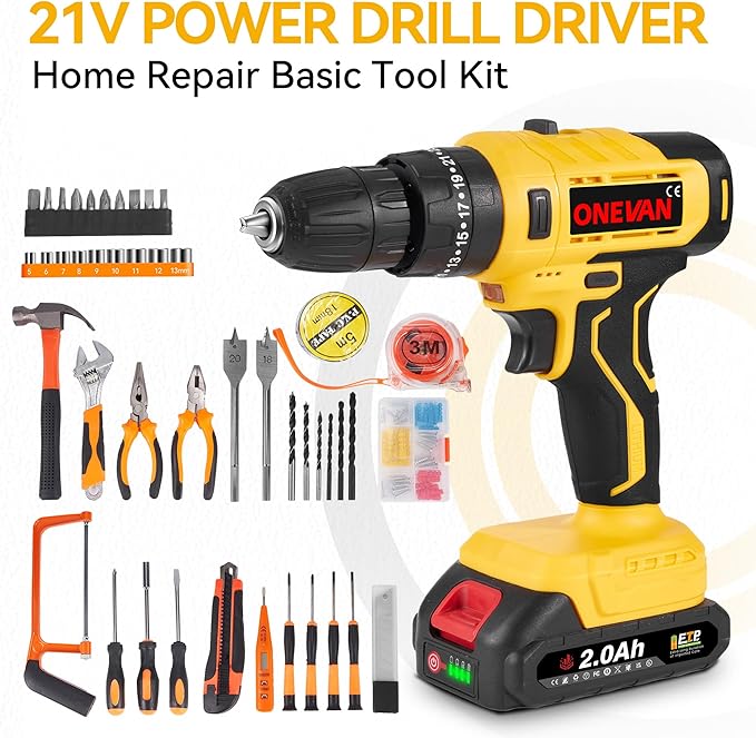 21V Power Drill Set with LED Digital Display, 118PCS Cordless Drill Kit with 2 x 2.0Ah Battery, Tool Set with Electric Drill, 0-1600RMP, Power Tool Kit for Men Women Office Repair Maintain
