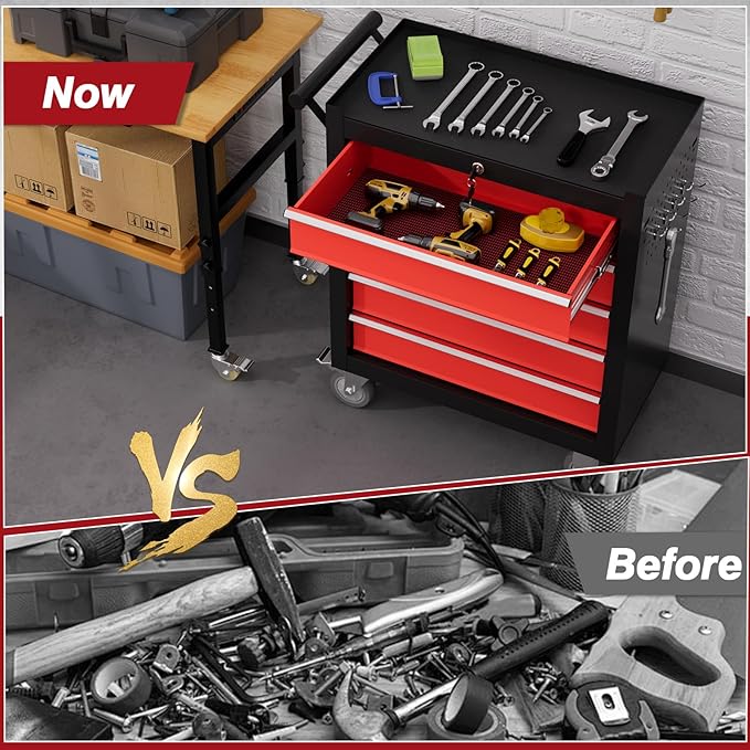 Rolling Tool Chest with Drawers, 5 Drawers Tool Chests & Cabinets, Metal Toolbox with Wheels, Lockable Storage Cabinet, Garage Tool Box with Drawers (BlackRed, 5 Drawers)