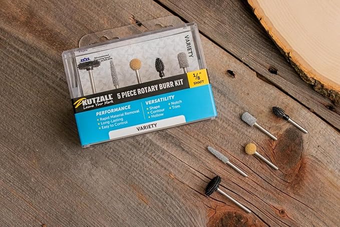 Kutzall 5-Piece Rotary Burr Kit - 1⁄8" Shaft, Variety Grit - Wood Carving Bits for Dremel, Foredom, Ryobi, DeWalt, Milwaukee Tools - Structured Tungsten Carbide