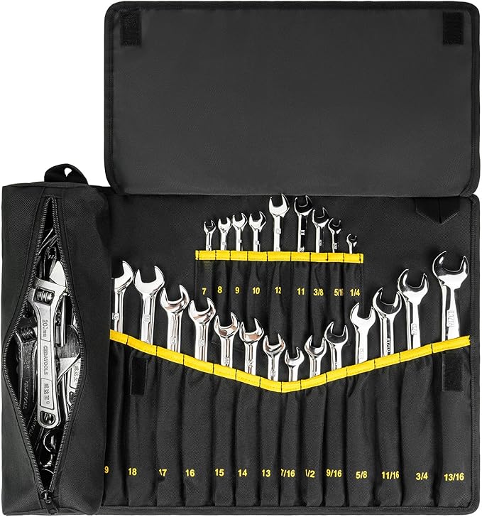 Wrench Roll Organizer (NOT for Ratcheting Wrench),Wrench Roll Up Pouch with 23+1 Pockets,Heavy Duty Tool Roll for Metric & SAE Wrenches,Large Wrench Holder Organizer Bag for Men,Mechanics(Black)