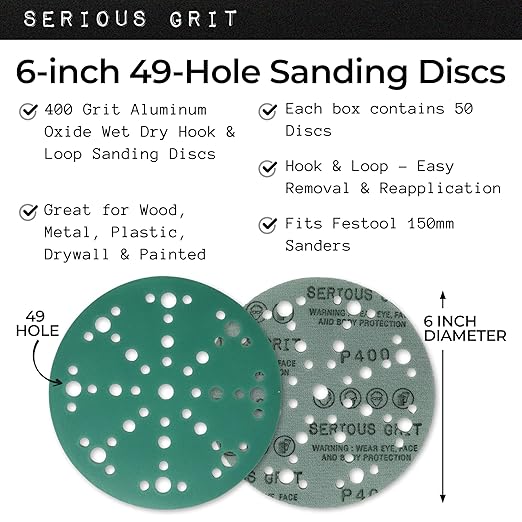 6-Inch 49-Hole 400 Grit Sanding Discs - Heavy-Duty Hook & Loop Film Discs - Sandpaper for Random Orbital Sanders - 50 Pack Box
