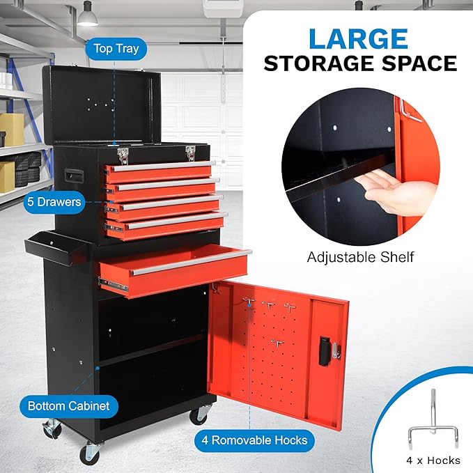 Rolling Tool Box, 5 Drawer Tool Chest with Wheels, Tool Box Organizer with Detachable Top, Lockable Drawers & Sliding Storage for Garage & Workshop