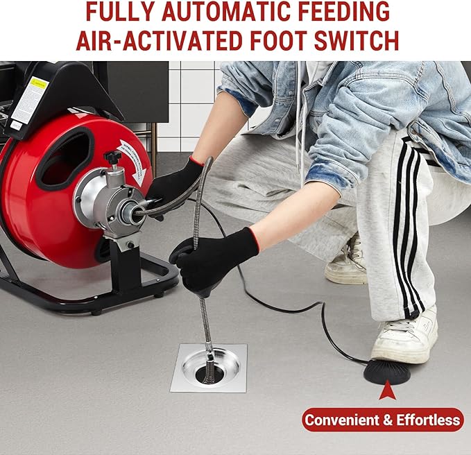 Auto Feed 100 FT x 1/2 Inch Drain Cleaner Machine with 370W Motor, Portable Sewer Snake Auger with 8 Cutters & Air-activated Foot Switch, Fits 1" to 4" Pipes, Black & Red