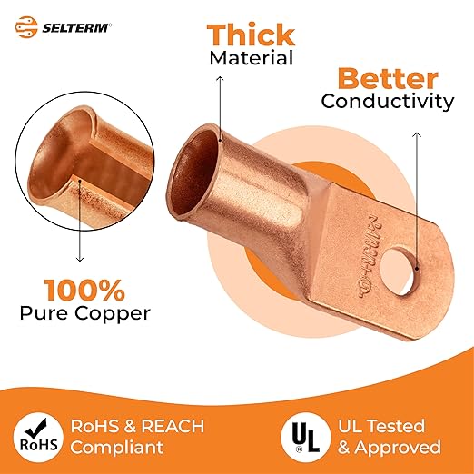 SELTERM 10pcs 4/0 AWG (XL) - 3/8" Stud - Heavy Duty Wire Lugs, Ring Terminals, Battery Cable Ends, 0000 Gauge Terminals, UL Bare Copper Eyelets Electrical Terminal Connectors