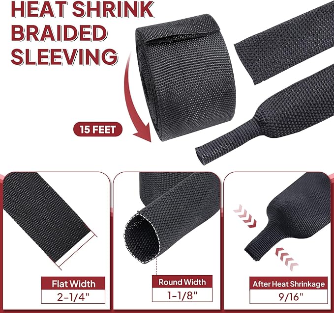 Heat Shrink Braided Sleeving, 2:1 Ratio Shrinkable Fabric Tubing Sleeve Abrasion Protection Cable Wire Sheath (1-1/8"-15ft)
