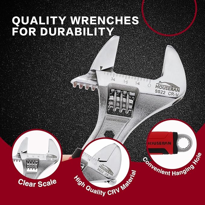 6-Inch Adjustable Wrench, Wide Jaw Adjustable Wrench with Anti-Slip Grips, Cr-V Steel Wrenchs for Home Repair, DIY, Garage
