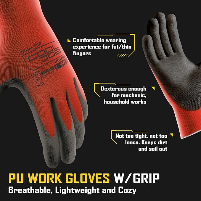 COOLJOB 60 Pairs Safety Work Gloves Pack Bulk with Grip PU Coating, 13 Gauge Seamless Knit Gloves with Polyurethane Dipped for Warehouse Working, Breathable Lightweight for Men Women, Red Medium