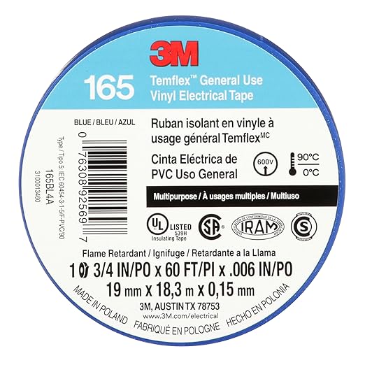 3M Temflex Multi-Purpose Vinyl Electrical Tape 165, Blue, 3/4 in x 60 ft (19 mm x 18 m), 10 Roll Pack