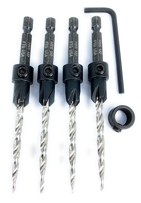 FTG USA Countersink Drill Bit Set 4 Pc #8 (11/64") Wood Bit, Tapered Bit, Stop Collar, Hex Wrench for Woodworking