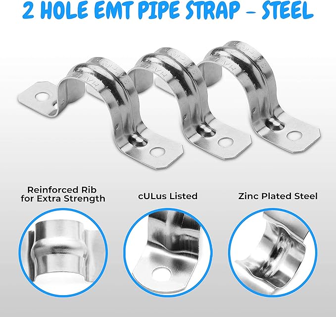 OHLECTRIC Heavy Duty Pipe Strap (5 Pack - 2 Inch) Zinc Plated Steel Conduit Clamps, 2 Hole Steel EMT Pipe Strap U Bracket, Zinc Coated Tension Tube Clip, Metal Pipe Clamp for EMT Conduits