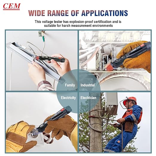 CEM AC-15EX Voltage Tester,Non-Contact Volt Tester, with Dual Range AC 12V-1000V/100V-1000V, Live/Null Wire Tester, Buzzer Alarm, Wire Breakpoint Finder, Flashlight, Ex ib IIB T4 (ATEX)