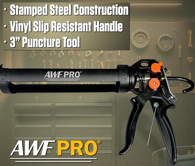 AWF PRO 10 oz Dual Thrust Caulk Gun - 25:1 or 12:1 Thrust Ratio, Dripless, Rotating Barrel, Comfort Grip, with Built-In Puncture Tool