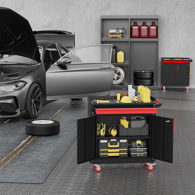 Rolling Garage Cabinets, Garage Storage Cabinet with Wheels and Workbench, Metal Cabinet with Doors and Shelf, Lockable Metal Storage Cabinets, for Home,Garages, Repair Stores, Warehouses