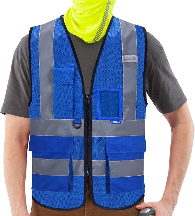 A-SAFETY High Visibility Mesh Safety Reflective Vest with Pockets and Zipper,Hi Viz Work Vest for Men Women (Blue Mesh M)
