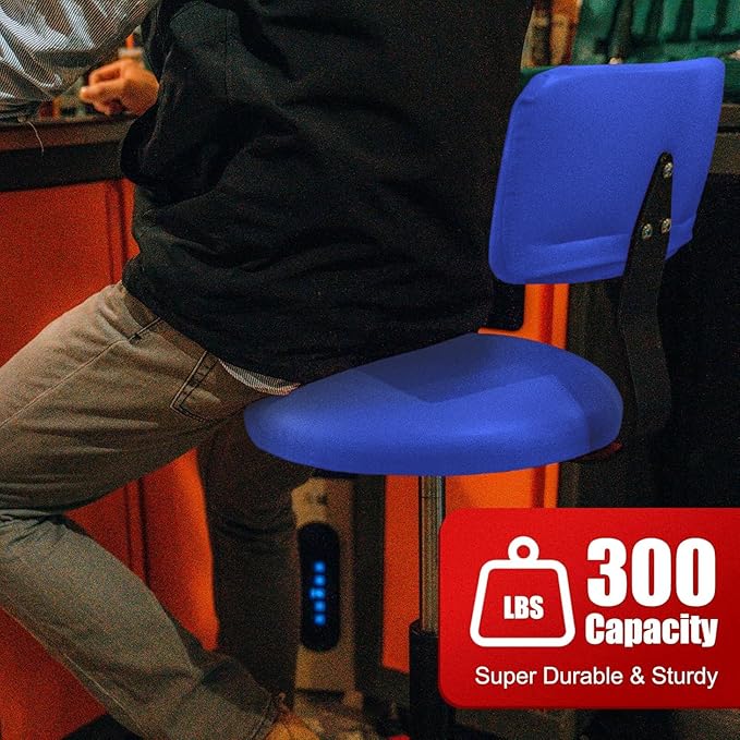 Shop Stool with Backrest, Mechanic Garage Stool for Workshop, Adjustable Shop Stools Chair, Padded Workbench Stools for Men Women, 300 LBS Capacity, 360° Swivel PVC Seat, Heavy Duty, Blue