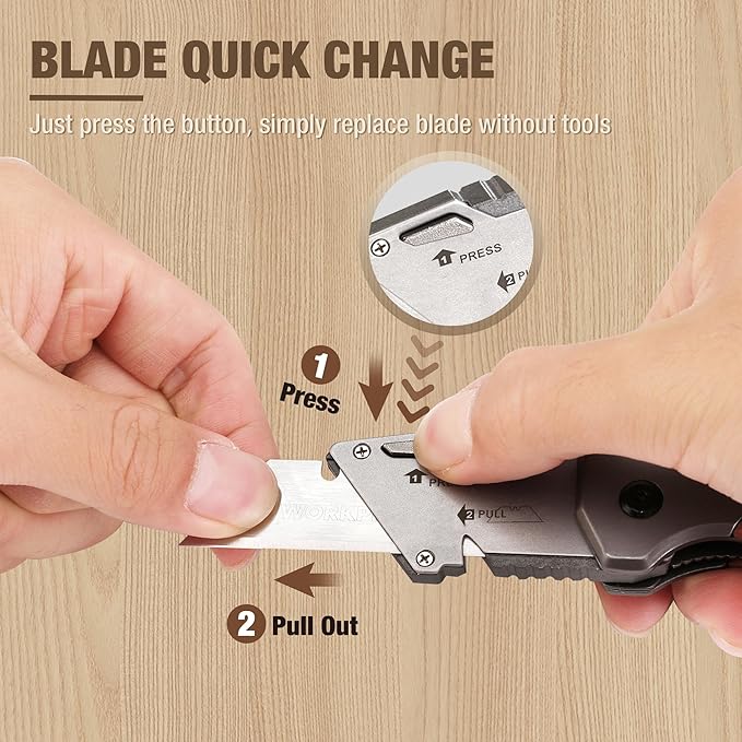 WORKPRO Folding Utility Knife & EDC Pocket Knife, Quick-Change Wood Handle Razor Box Cutter and Foldable Knife Kit with Extra 10PC SK5 Blades for Indoor and Outdoor Activities