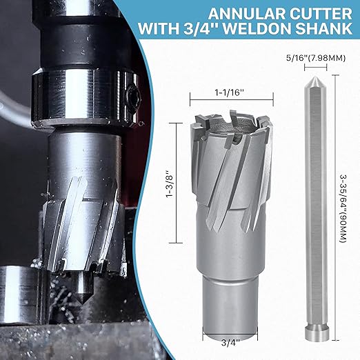 KEENTECH Carbide-Tipped Annular Cutter, 1-1/16" Diameter x 1-3/8" Depth, 3/4" Weldon Shank (2 Flat), High Speed Cutting TCT Mag Drill Bit with Pilot Pin for Harder Material, Stainless Steel,Cast Iron