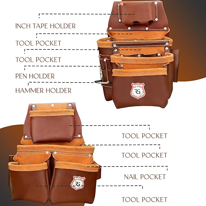 Leather Tool Belt with Adjustable Hook - Premium Heavy Duty Tool Belts for Men with 22 Multi-Purpose Pocket Tool Pouch (Maroon, Standard), RG-004