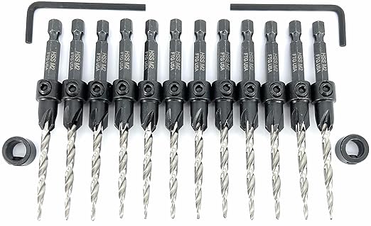 FTG USA 12 Pc #8 (11/64") Countersink Drill Bit Set with Depth Stop Collar, Hex Wrench - Tapered Drill Bits for Wood