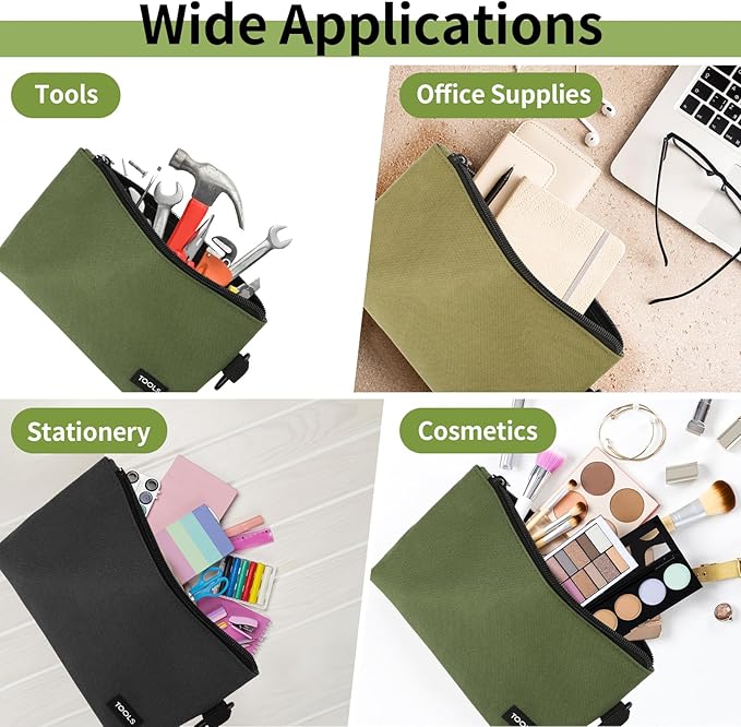 3 Pack Premium Tool Pouches Zipper Bag, 12 in Small Tools Bags with Carabiner, Heavy Duty Flat Bottom Utility Multipurpose Storage Organizer Bag for Tool, Stationary, Pencil (Tan, Navy Green, Black)