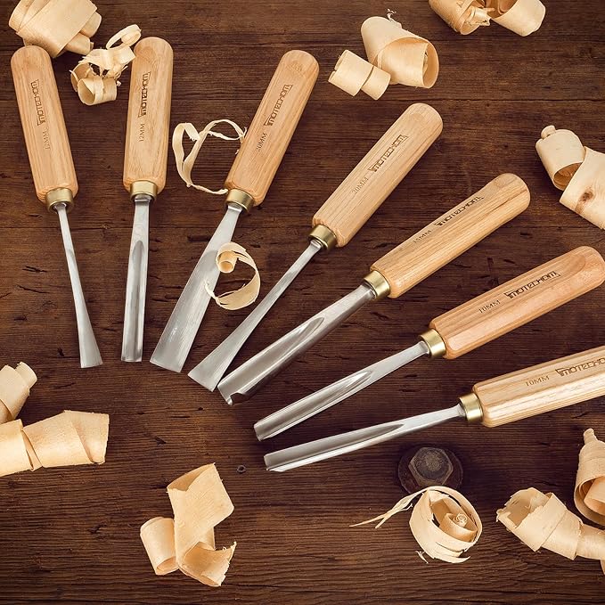 7-Pieces Woodworking Wood Carving Tools Chisel Set with Canvas Bag, Gouges and Carving Chisel Set, Razor Sharp CR-V 60 Steel Blades