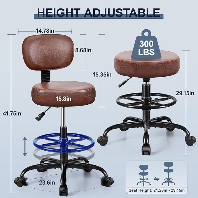 Drafting Chair with Backrest – Adjustable Foot Rest Rolling Stool with Wheels, PU Leather Swivel Stool for Office Spa Studio Lab Counter Salon Home Work Bar Kitchen Shop(Ember Brown)