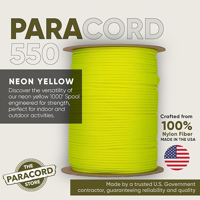 The Paracord Store | Type III 550 Paracord - 1000 FT Spool, Neon Yellow | Heavy Duty 7 Strand Tactical Paracord - USA Made Nylon Outdoor Parachute Cord for Camping, Fishing & More - Survival Cord