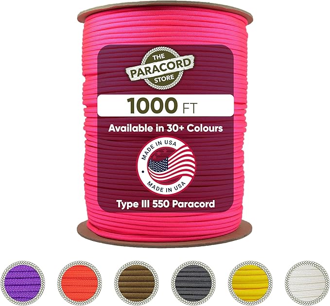 The Paracord Store | Type III 550 Paracord - 1000 FT Spool, Neon Pink | Heavy Duty 7 Strand Tactical Paracord - USA Made Nylon Outdoor Parachute Cord for Camping, Fishing & More - Survival Cord